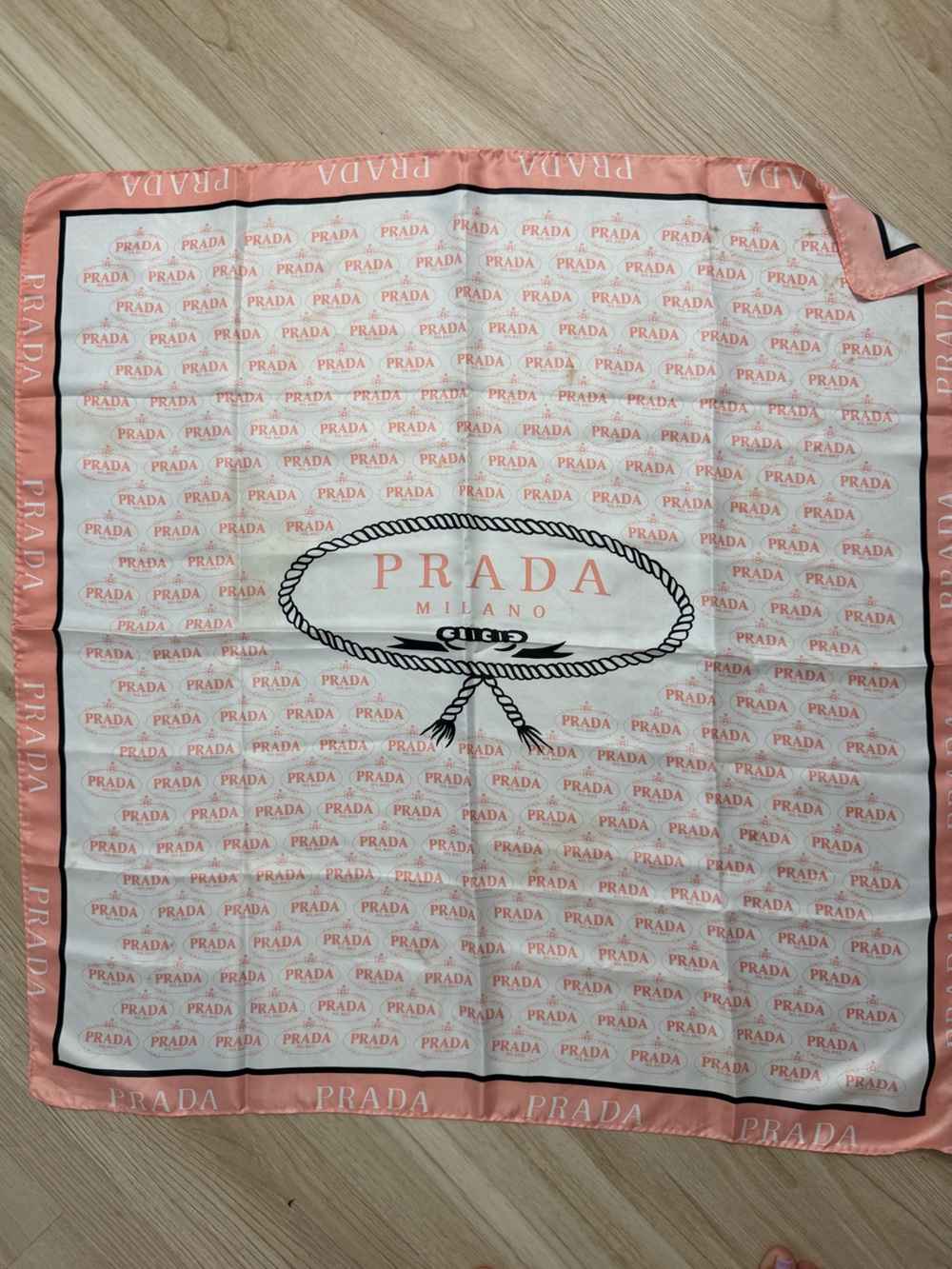 Prada Vintage White Silk Scarf with Pink Logo Repeat and Black Emblem